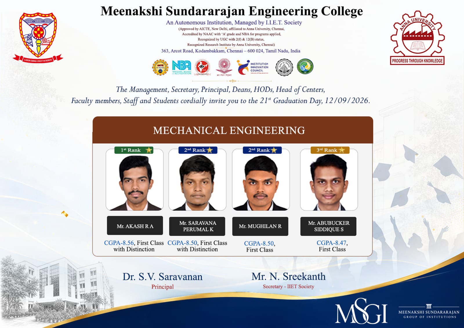 Mechanical Engineering Rank Holders 2026